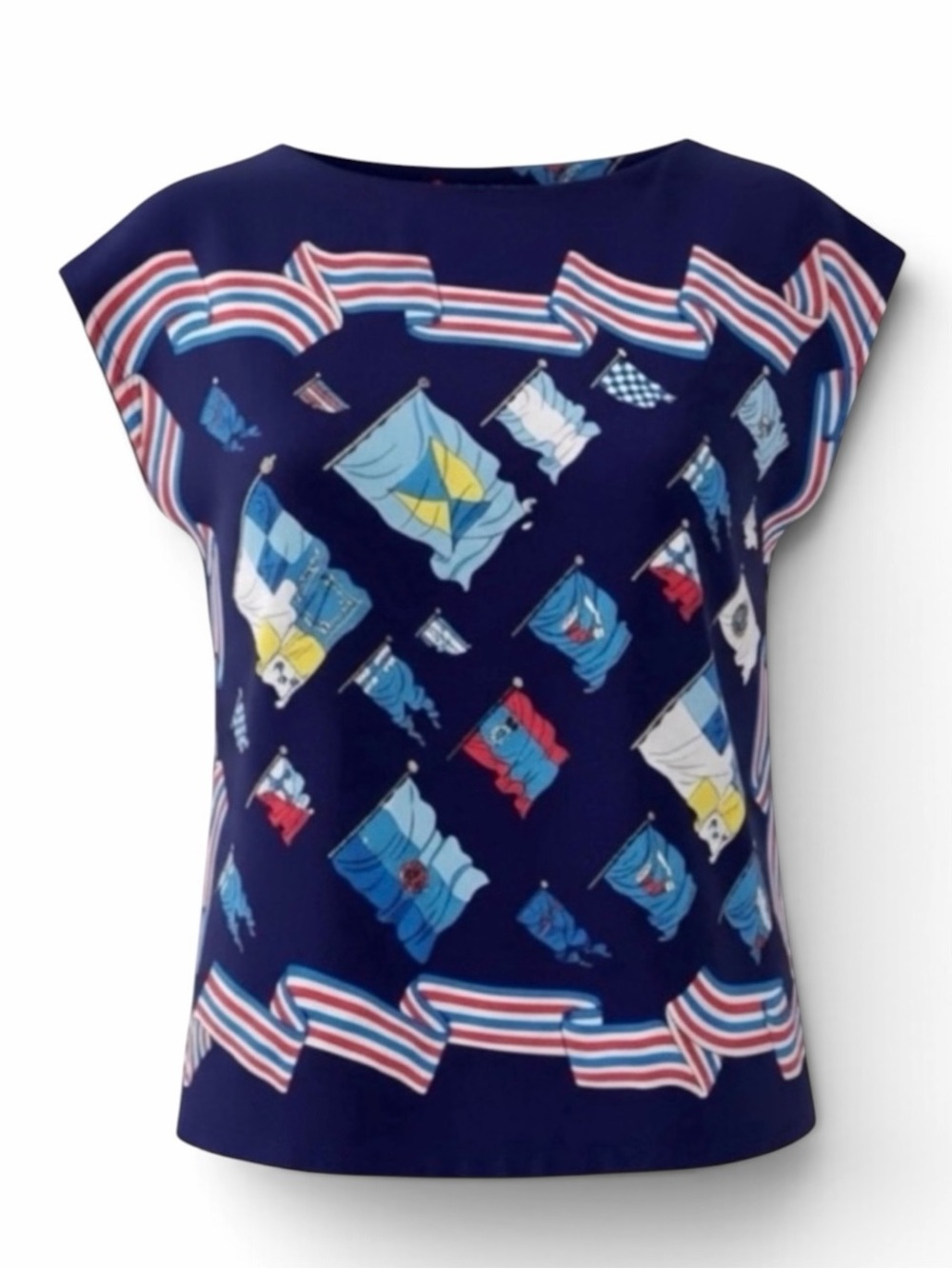 J McLaughlin Blue Nautical Flag Print Catalina Cloth Short Sleeve Top Size Small